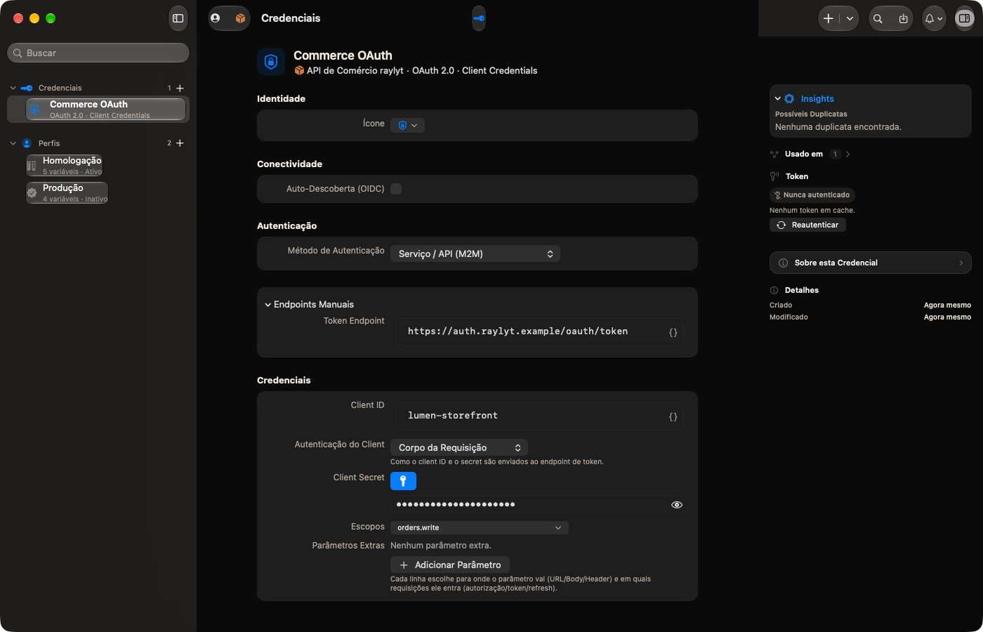Janela Recursos · uma credencial OAuth 2.0